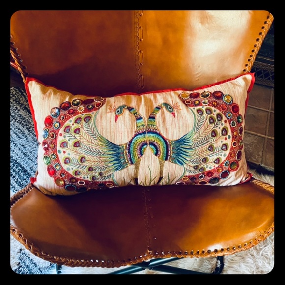 Artisan Other - 🦚 Bohemian Silk Peacock Embroidered & Embellished Gem Rectangular Pillow & Case
